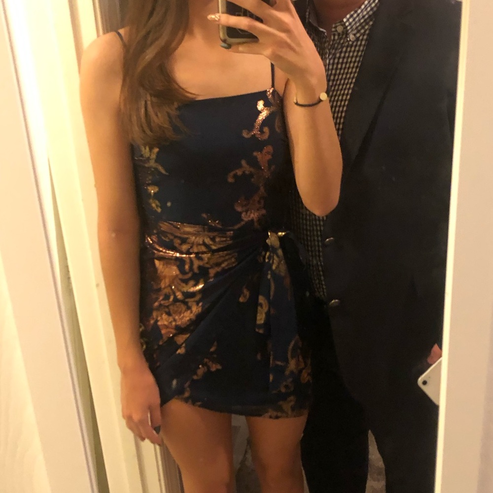 Navy wrap dress with rose gold glitter details